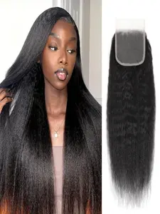 Yaki Straight 4x4 HD Lace Closure Only Human Hair, Kinky Straight Virgin Closure Free Part HD Transparent Melt Well Pre Plucked Baby Hair Fullness 150% Density Natural Black