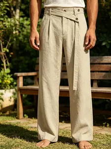 Men's Summer Linen Breathable Casual Long Pants, High Waist Wide Leg Trousers, Asymmetrical Belt Decoration, Comfortable and Stylish