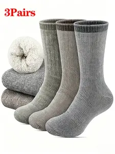3 Pairs Winter Wool Hiking Socks, Thick Warm Sweat-Wicking Running Socks, Outdoor Camping Hunting Socks, Fall & Winter Casual Crew Socks