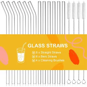 16 count  Glass Straws Set 6 Straight & 6 Bent Clear Drinking Straws (8.5''x10mm) with 4 Cleaning Brushes, for Smoothies, Milkshakes, Coffee, Juice, Milk,