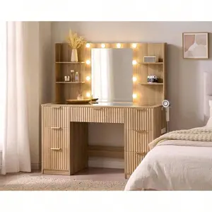 47.2" Fluted  Desk  Mirror And Adjustable LED Lights, Large Makeup   7 Drawers, Glass Top And Charging Station For Bedroom Or Dorm, Women And Girls, Natural Oak Vanity with wooden White Table