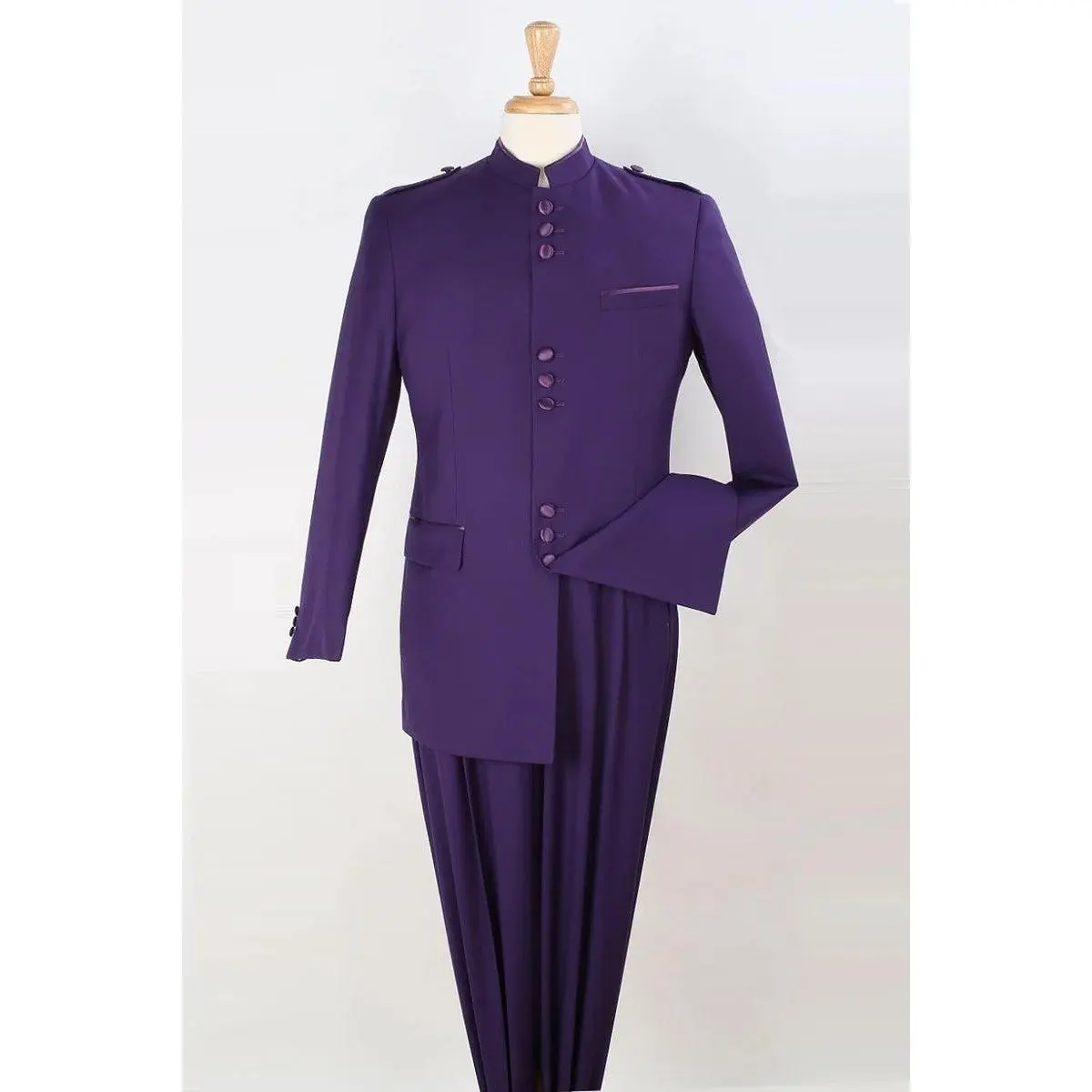 Mens Classic Military Banded Collar Mandarin Safari Suit in Purple