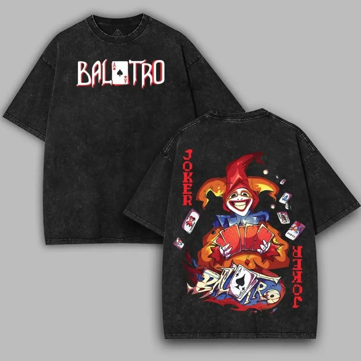 Balatro Joker Pixel art Washed 2 sided printed T-Shirt, Menswear Tops shirts men, Cotton unisex graphic tees hoodie game merch Menswear Clothes Soft trendy game day unisex  Casual Straight casual apparel EK2