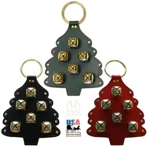 CHRISTMAS TREE LEATHER DOOR CHIME - STITCHING SLEIGH BELLS & CRYSTAL ORNAMENTS Amish Handmade in USA
