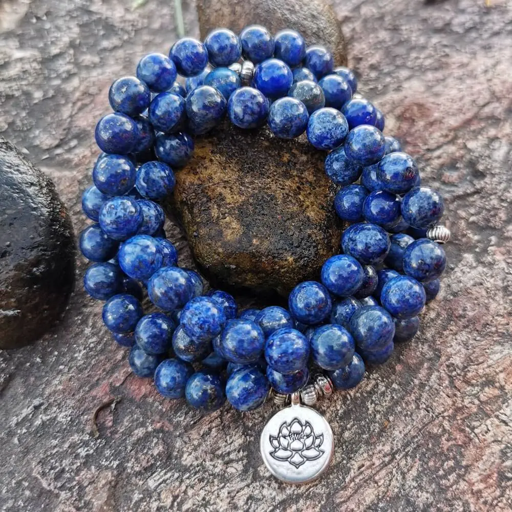 Sofia 108 Mala Beads 8mm Natural Lapis Lazuli Crystal Wrap Bracelet - Healing Jewelry, Gemstones, Daily Wear Meditation Gift for Her