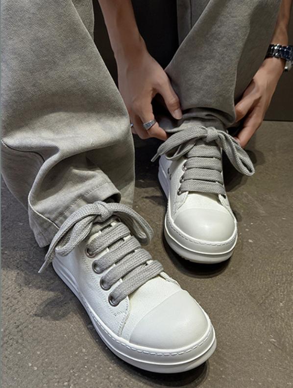 Men's Cleanfit Platform Sneakers Black & White Canvas Wide Laces Slim Leg Street Fashion