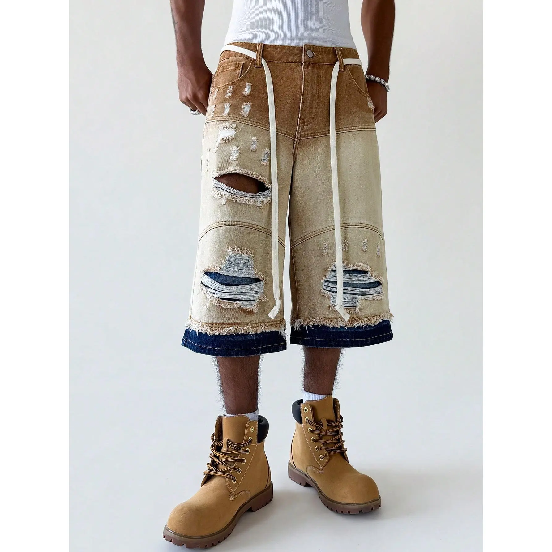 Men's Ripped Slant Pocket Drawstring Loose Fit Denim Shorts, Summer Streetwear, Country Concert Outfits