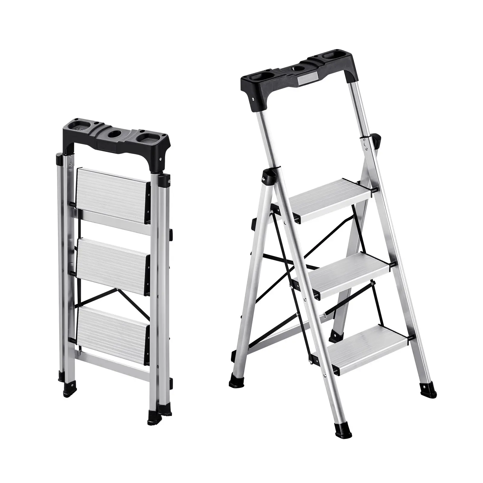【Summerfinds】VEVOR 3-Step Aluminum Alloy Step Ladder, Folding with Wide Anti-Slip Pedals, Comfort Handgrip, Locking Handle & Tool Tray, 330 lbs Capacity, 18.9x21.2x40.9 in/37.8x18.9x3.5 in, Portable for Office, Warehouse, Silver, Cleaning, Folding Ladder,
