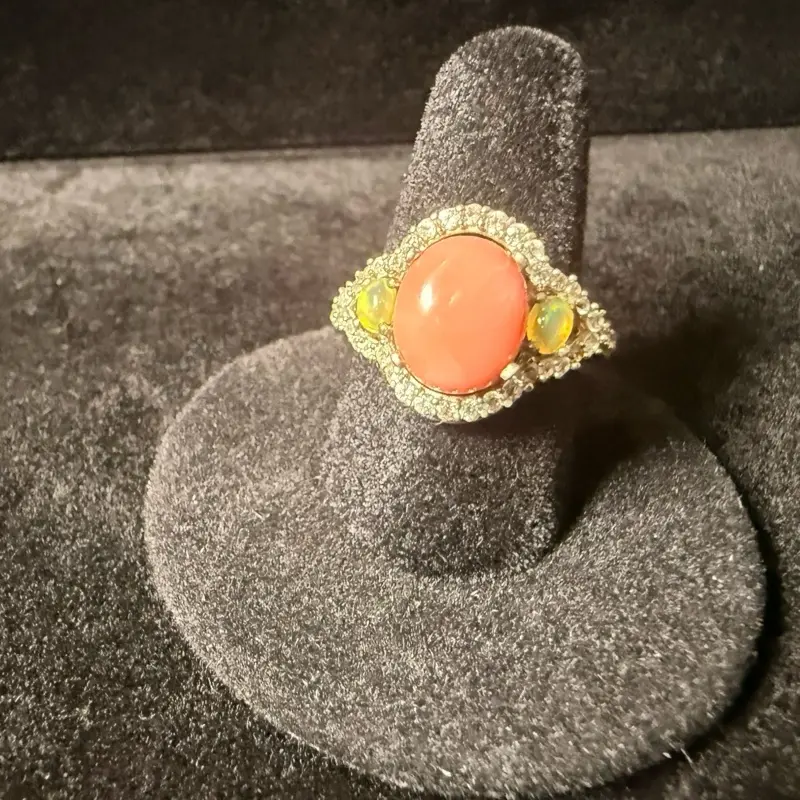 Genuine 925 Sterling Silver Coral and Opal Halo Ring, Size 7