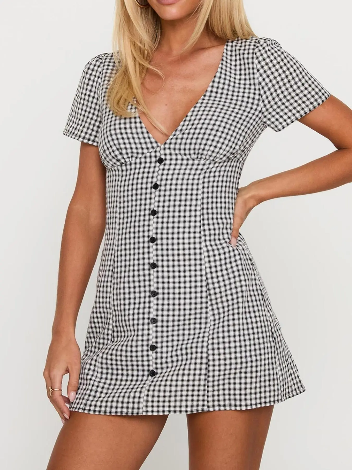 Women's Plaid Print Button Decor V Neck Dress Casual Basic Fashion Short Sleeve Dress for Daily Outdoor Wear Ladies Clothes for All Seasons Sexy Shirt Mini Dress Casual Chic Dress Womenswear - Women's Plaid Print Button Decor V Neck Dress Casual Basic Fashion Short Sleeve Dress for Daily Outdoor Wear Ladies Clothes for All Seasons Sexy Shirt Mini Dress Casual Chic Dress Womenswear -