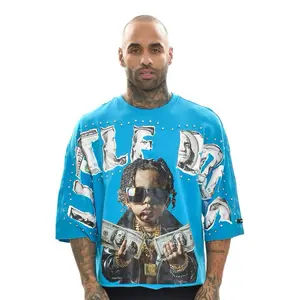 Men's Blue Graphic T-Shirt with Studded Design and Dollar Bill Print for Casual Wear