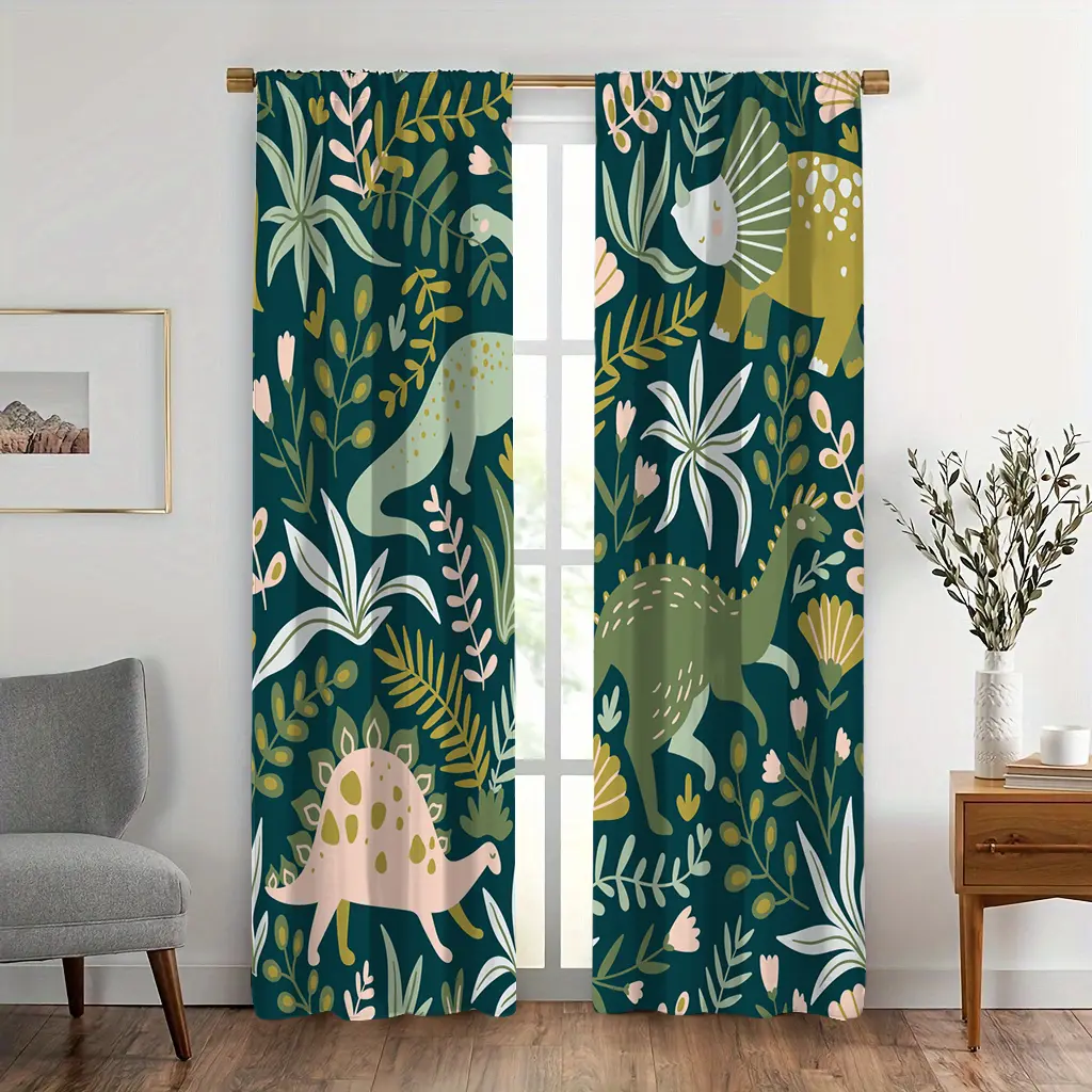 2pcs Kids Boys Green Window Curtain, Fun Dinosaurs Leaves Design Print Window Curtain For Boys Kids, Kids Room Decor, Window Treatments