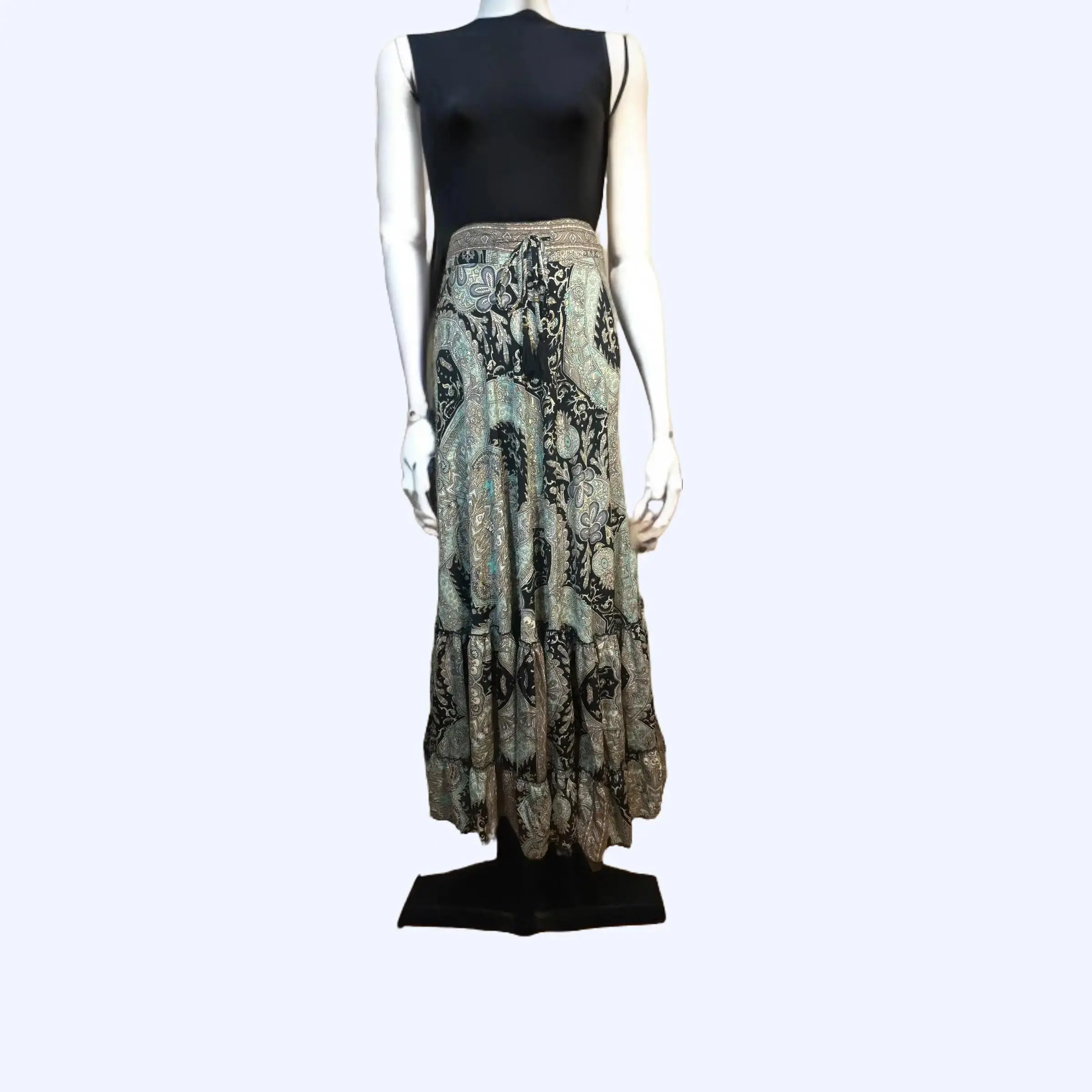 Elegant Long Silk Skirt in Light Blue with Golden Accents for Women's Formal Occasions - Bottoms, Womenswear