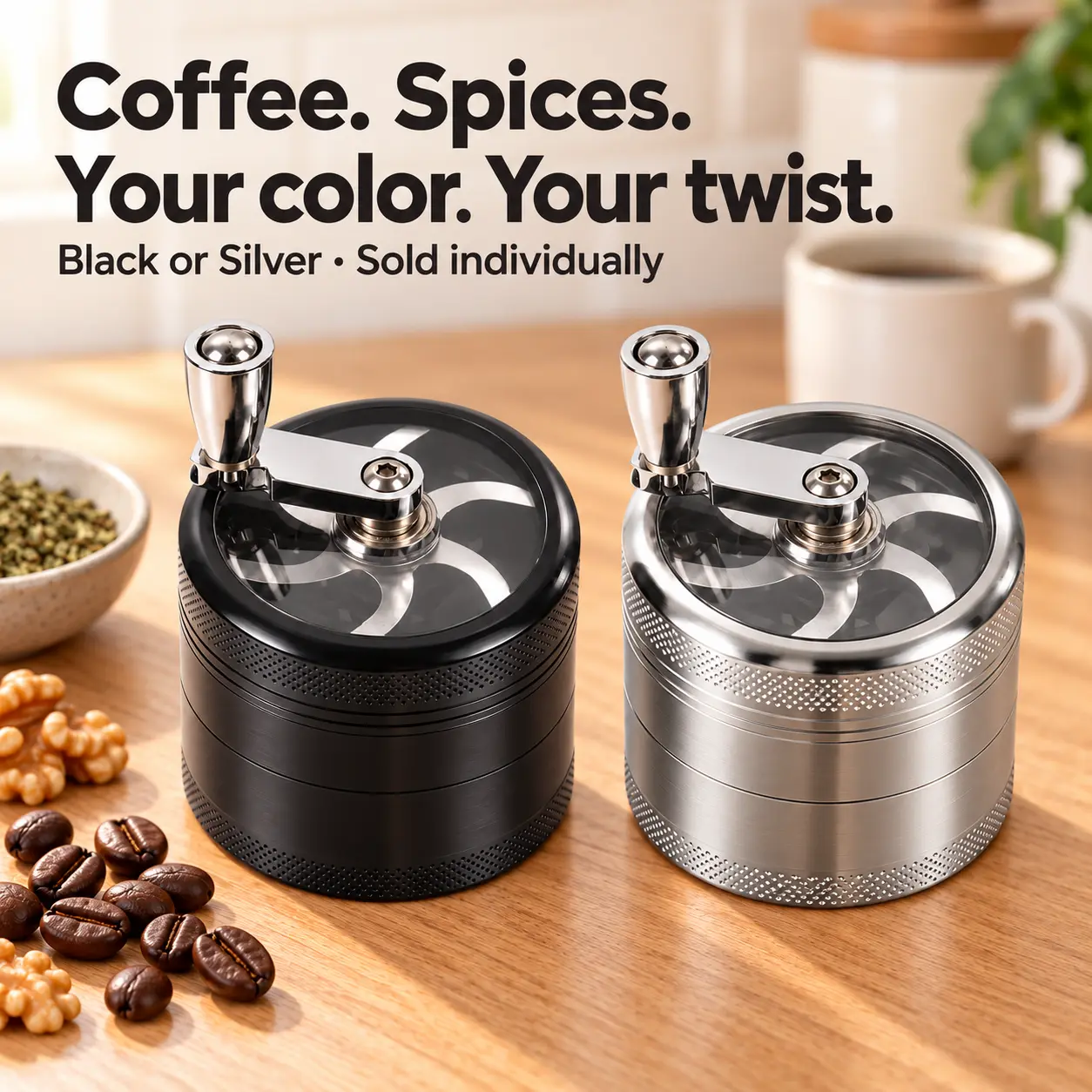 Handle Hand Muller Herb Grinder Spice Herbal, Mini Manual Coffee Bean with Hand Crank Grinding, 4-Layer Zinc Alloy Kitchen Mill for Dry Herbs, Nuts, Walnuts & Oats, Clear Lid, Mesh Screen, Collection Tray, Fold-Down Knob, Compact 40mm Size
