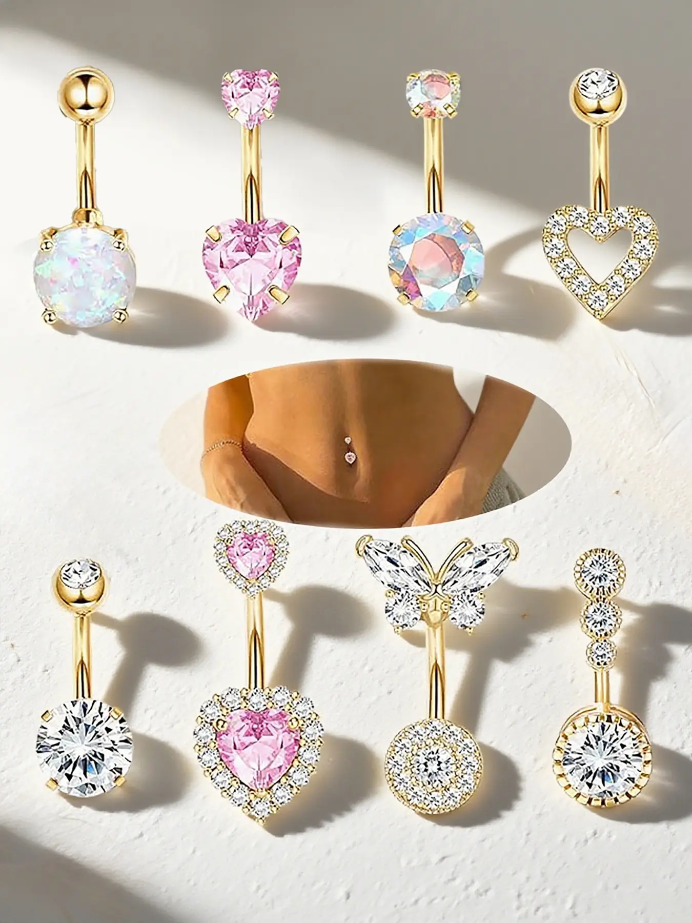 Women's Artificial Zircon Belly Button Ring Set, Belly Rings, Butterfly Heart Design, Party Jewelry, Body Piercing Accessories, 8 Pieces, Navel Ring