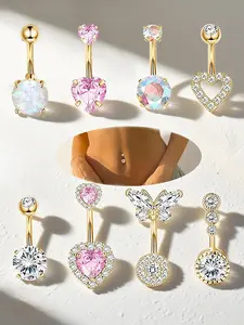 Women's Artificial Zircon Belly Button Ring Set, Butterfly Heart Design, Party Jewelry, Body Piercing Accessories, 8 Pieces
