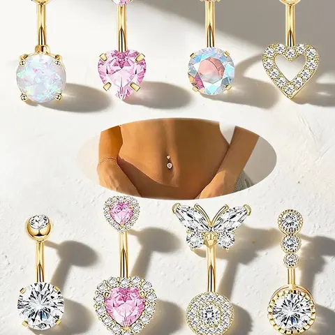 Women's Artificial Zircon Belly Button Ring Set, 8 Pieces Butterfly and Heart Design Belly Rings, Party Jewelry, Body Piercing Accessories, Navel Ring