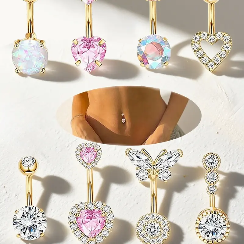Women's Artificial Zircon Belly Button Ring Set, 8 Pieces Butterfly and Heart Design Belly Rings, Party Jewelry, Body Piercing Accessories, Navel Ring