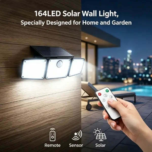 164LED Solar Outdoor Wall Light 5.5W High Power Solar Panel Motion Sensor Security Light With Remote Control For Garden Driveway Front Door