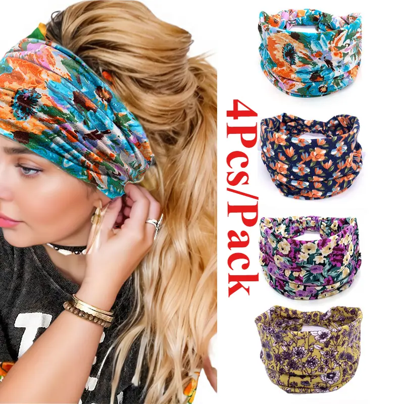 Boho Headbands for Women, 4-Pack Wide Ditsy Floral Stretch Cotton Elastic Hair Wraps in Mixed Colors, Boho Hair, Accessories For Women, Casual Wear, Unisex, Stretchy Headbands, Floral Ditsy, All Over Print Headbands