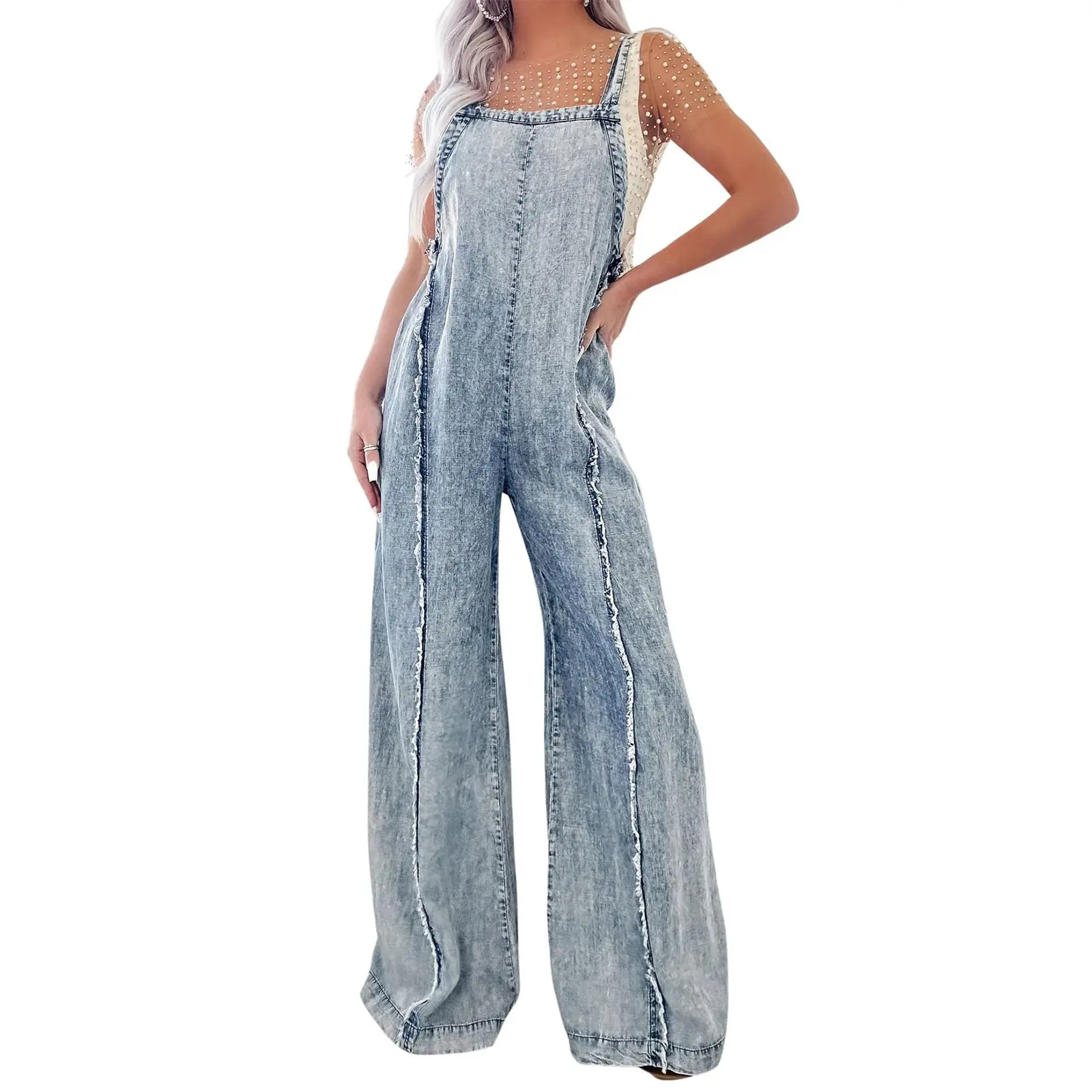 utcoco Women's Sleeveless Loose-Fit Denim Jumpsuit - Adjustable Straps, Wide-Leg Long Frayed Overalls, Stylish Women's Wear with Minimalist Design, Fashion Piece for Holiday & All Seasons, Casual Comfortable Customized Bottoms