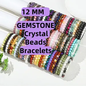 12MM Bracelet Varied Kinds Natural Crystal Bracelets 7.5 Inches Natural Crystal Beaded Bracelets , Elastic String Bracelet Handmade Men Women Stretchy Bracelet , Gemstone Wrist Bracelets Round Beads Bracelet For Gift