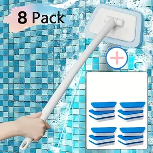 Shower Cleaning Brush, 8 Sponges + 1 Handle with Replaceable Head - Detachable Scrub Brush for Floors And Walls, Suitable for Bathtubs, Tiles, And Glass Surfaces - Durable Plastic Bathroom Cleaning Supplies, No Electricity Needed, Bathroom Cleaning Tool