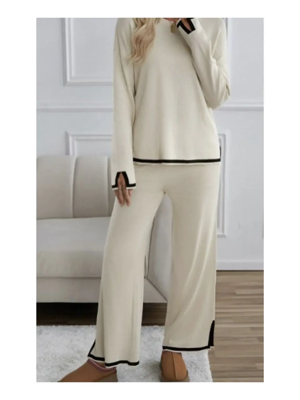 Contrast Trim Round Neck Top and Pants Sweater Set