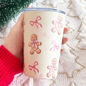 350ML Christmas Coffee Travel Mug with Cute Gingerbread Man Pattern, Insulated Thermal Cup for Office & Home Use, Holiday Gift