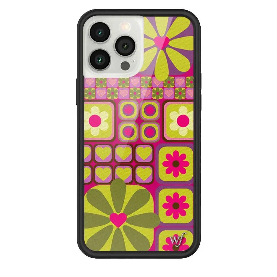 Flower Funk | Limited Edition iPhone Case | Raised Protective Black Bumper | Women Owned Small Business | Magenta Background Light Green and Purple Flowers and Hearts Funky | Safety Casing Protective | Cellphone Cute Aesthetic