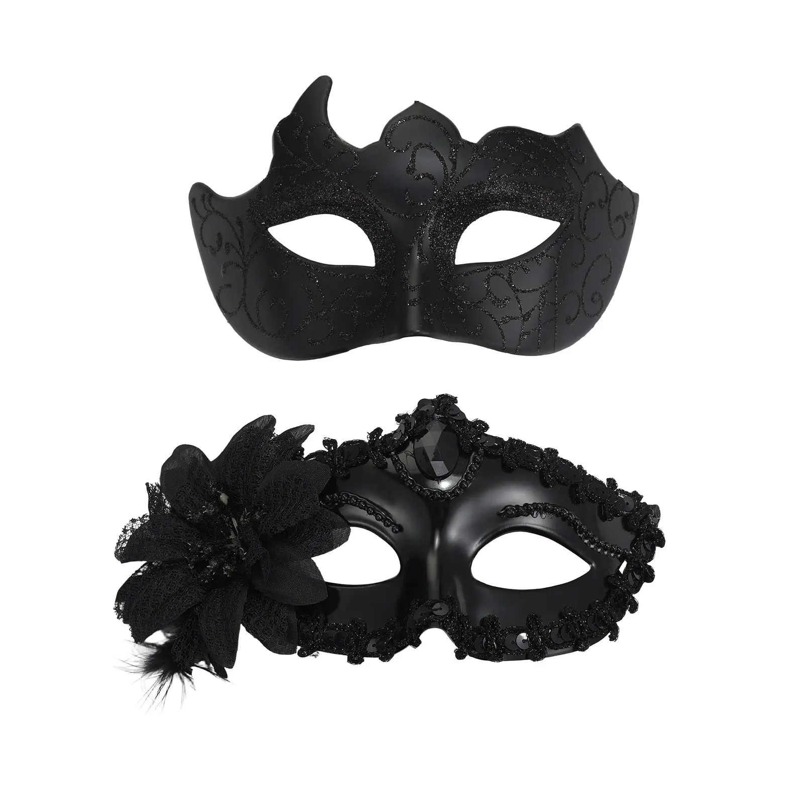 OIDEA Minimalist Lightweight Comfortable Couple's Black Half-Face Venetian Lace Floral Feather Mask Set, Adjustable-Fit Halloween Festive Party Accessory for Men & Women (Mardi Gras Use), Feathers