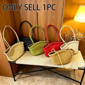 1pc Stylish Shell Shaped Woven Basket Bag, trendy vacation handheld shoulder tote purse, elegant summer casual style, spacious practical inner space, lightweight portable design, ideal for seaside holidays, beach leisure, outdoor travel and daily shopping