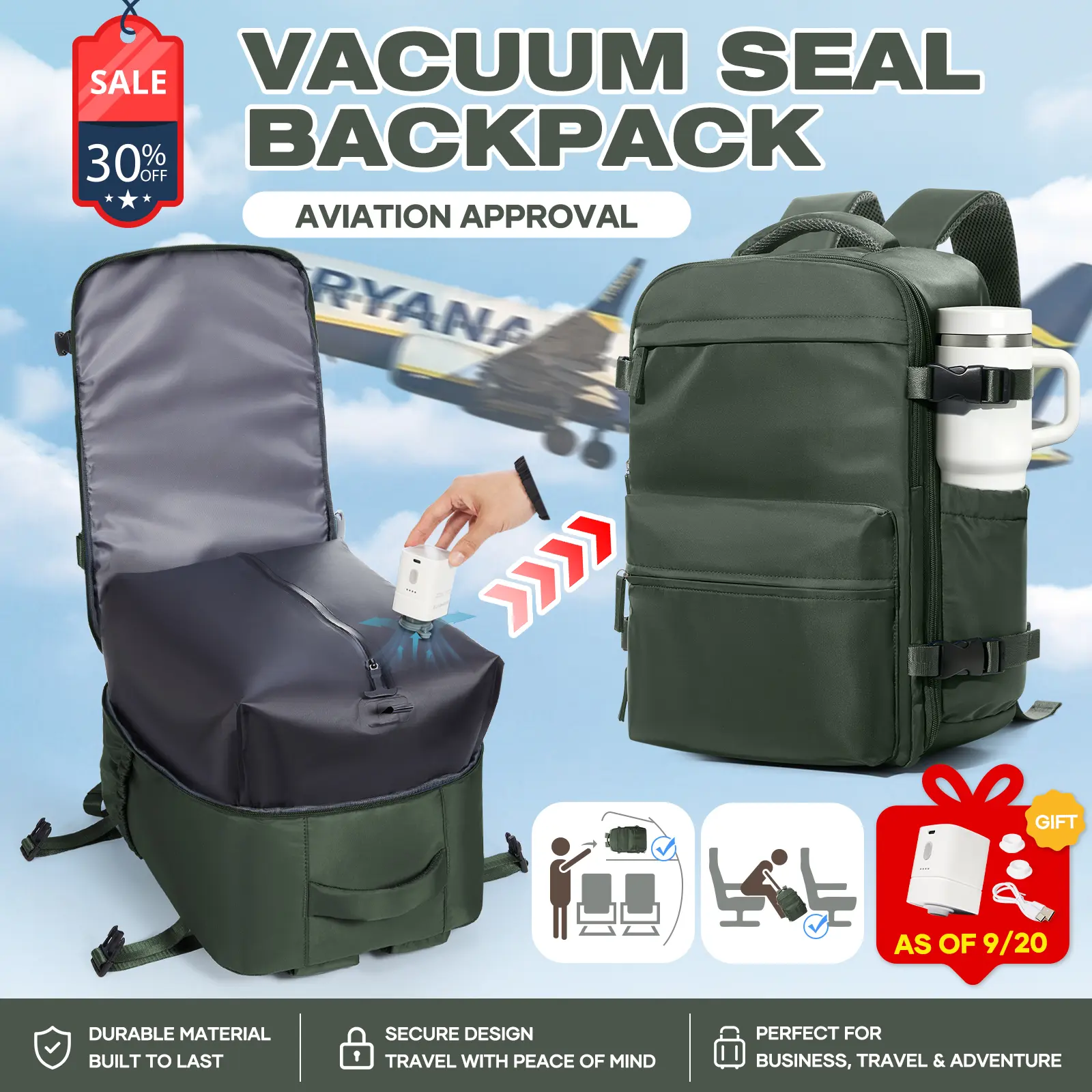 HYC00 Vacuum Travel Backpack with Pump, Vacuum SealCompression Backpack, Large Travel Bag For Women Men, Durable Outdoor Hiking Sports Rucksack, AirlineApproved Carry On Backpack, Travel Essentials Traveling Bag