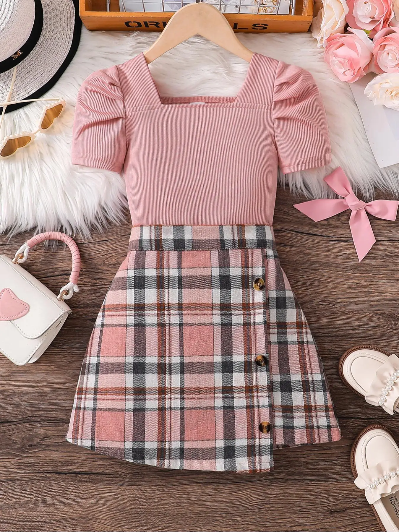 Two-piece Set Girl's Plain Short Sleeve Top & Plaid Print Skirt Set, Casual Square Neck Knit Top & High Waist Skirt for Summer, Kids Clothes for Daily