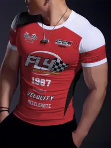 Men's Racing Style Short Sleeve T-Shirt, Motor Cycle Shirt, Colorblock Design, Flying Letter Print, High Stretch Slim Fit Round Neck Sport Top