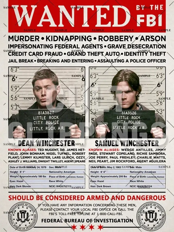 Supernatural Winchester Brothers FBI Wanted Poster Print Supernatural Winchester Brothers FBI Wanted Poster Print