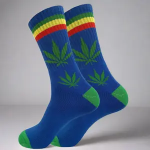 Blue Marijuana Leaf Crew Socks (Green toe and heel)