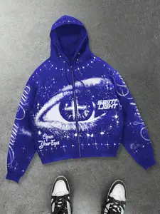 Blue starry sky eye print cardigan hoodie for men and women, black and white solid geometric aesthetic pattern color blue hoodie for men, zipper hoodie for men, American retro hoodie, European and American street style