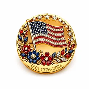 USA 250th Anniversary Brooch Pin, 1776-2026 Patriotic American Flag Rhinestone Flower Pin for Independence Day