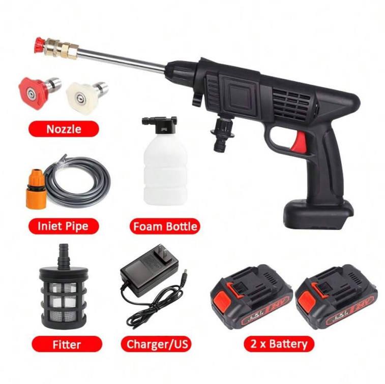 Cordless Pressure Washer 1500W Portable Battery High Pressure Gun with 2 Nozzles 2 Batteries 5m Hose Ideal for Car Floor Patio Cleaning
