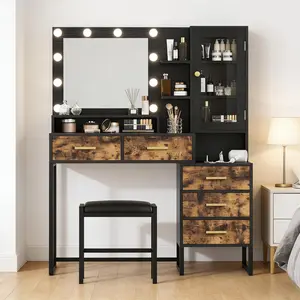 Makeup Vanity Table with Lights In 3 Colors, Charging Station of 2 Usb Ports and Outlets, Rustic Brown and Black