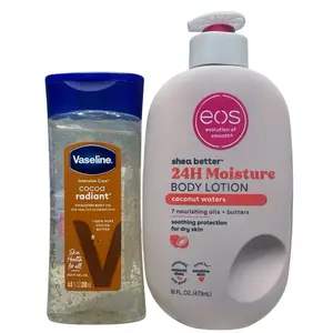 Vaseline Body Oil 6.8 Oz & EOS Coconut Water 16 Oz Body Lotion Skincare