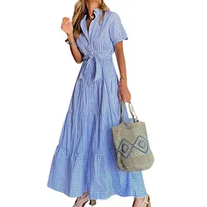 CHARTOU women's summer striped shirt dress casual short sleeve ruffle dress with belt Blue Shortsleeve