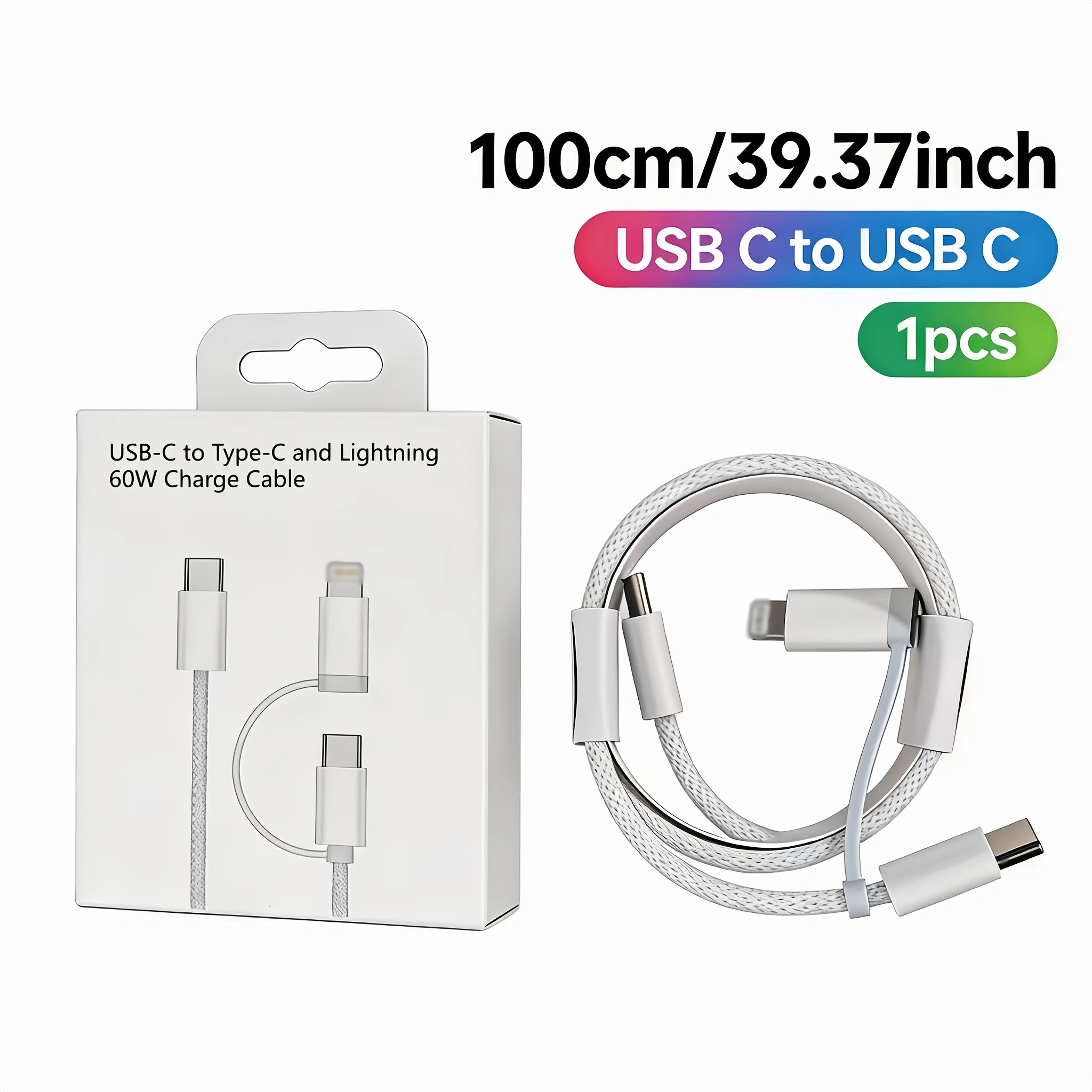 60W PD 2-in-1 Nylon Braided USB-C to USB-C Fast Charging Cable for iPhone 11-17, Android Devices