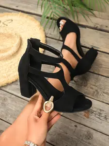 Velvet Heeled Sandals, Fish Mouth Design, Roman Style, T-Shape Cutout, Dual Strap, Versatile Fashion Shoes for All Styles