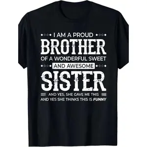 Men's "Proud Brother Sister" Graphic T-Shirt - 100% Cotton Soft Crew Neck Tee With Funny Sibling Quote, Black Casual Shirt For Parties, Sports & Gifts (Regular Fit, Machine Washable), Tee Shirts Menswear Tops