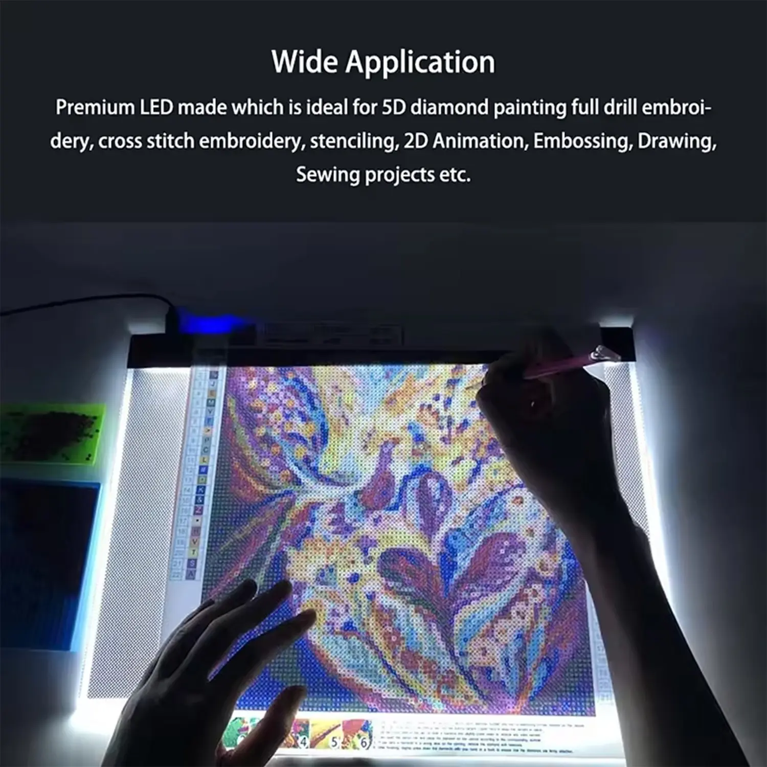 A3 Size LED Drawing Board, Diamond Painting Art Full Drill Embroidery Tracking Light Pad, USB Powered High Brightness LED, Adjustable Light, Ideal for Sketching, Animation, Embossing, Stenciling, Cross Stitch, Sewing Projects, Sewing & Embroidery
