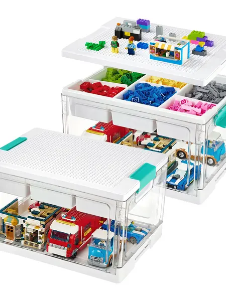 Vtopmart 2/4 Pack 24QT Collapsible Building Block Storage Bin, with Building Baseplate Lid, Removable Tray & Divided Compartment for Art Crafts Sensory Toys Squishy, Water&Dust Prooft, Dorm Essentials, Home Decor, BackToSchool & Prechool Restock Lockable
