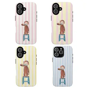 Minimalist Curious George Phone Case – Vintage Cartoon Monkey Brushing Teeth on Pink Striped Background, Cute Protective Cover Suitable for IPhone 1716 Pro Max 15 14 13 12 11