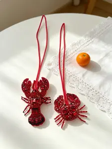 Summer Ocean Bag Charm DIY Beaded Fabric Patch, Elegant Shrimp Crab Handmade Bead Pendant, Couples Family Siblings Gift